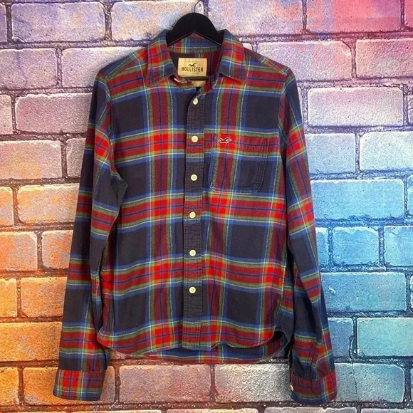 Hollister Shirt Plaid Flannel Large Mens Blue Long Sleeve Button Up Red Navy - Picture 1 of 8